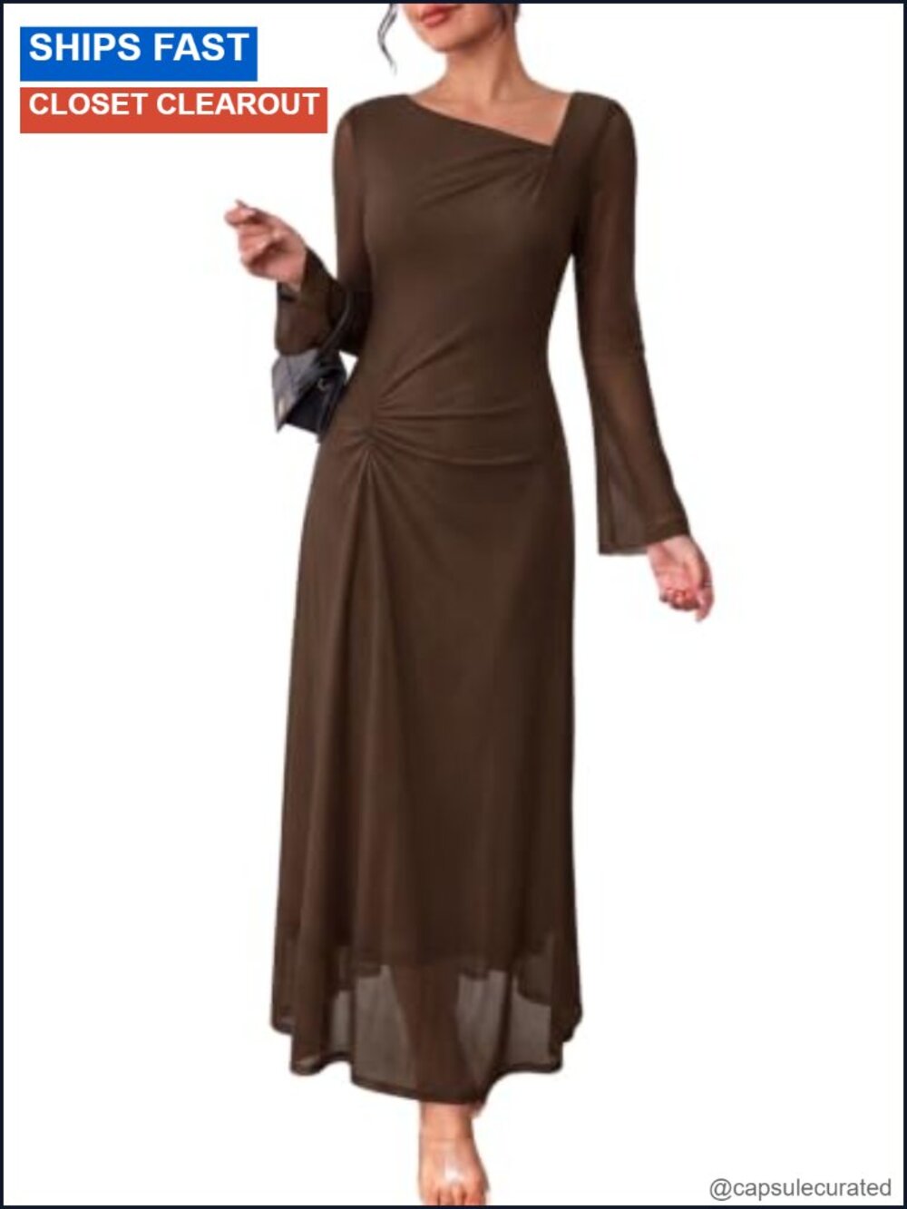 Asymmetrical Neck Ruched Waist Long Sleeve Maxi Wedding Guest Dress
